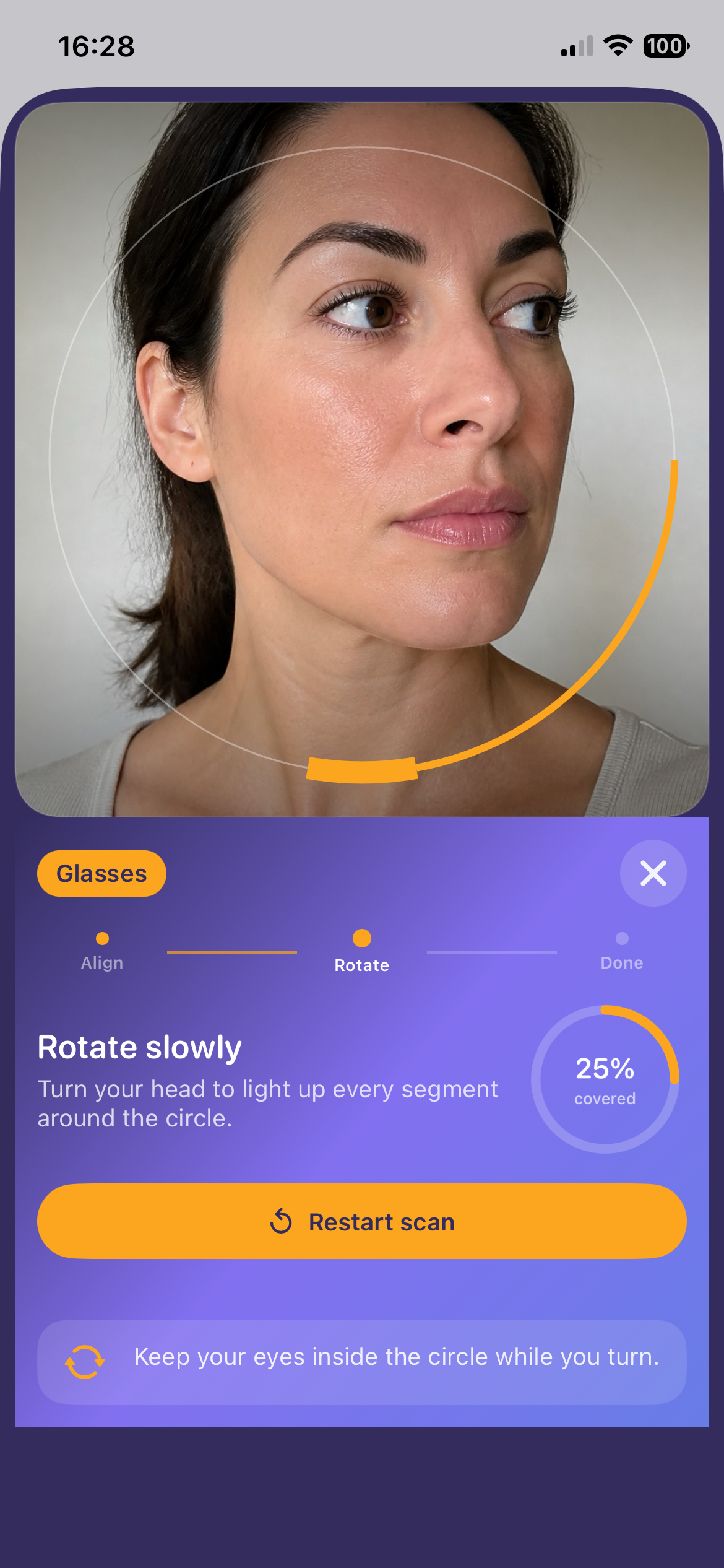 AI Sizer glasses face scan on iPhone