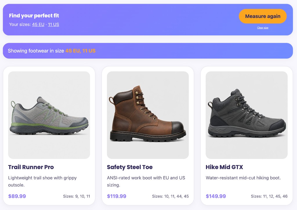 Merchant store catalog filtered to matching shoe sizes